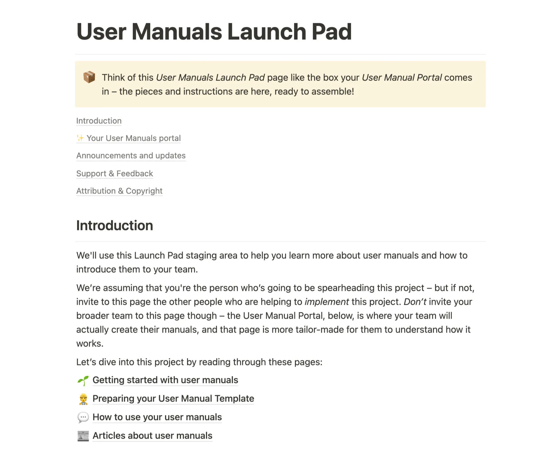 The User Manuals Launch Pad page in Notion