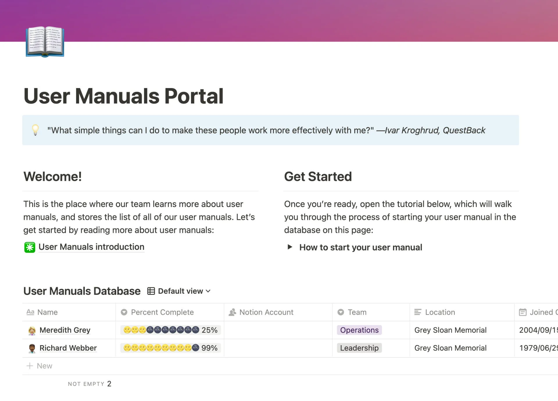 The User Manuals Portal page in Notion, showing the user manuals database