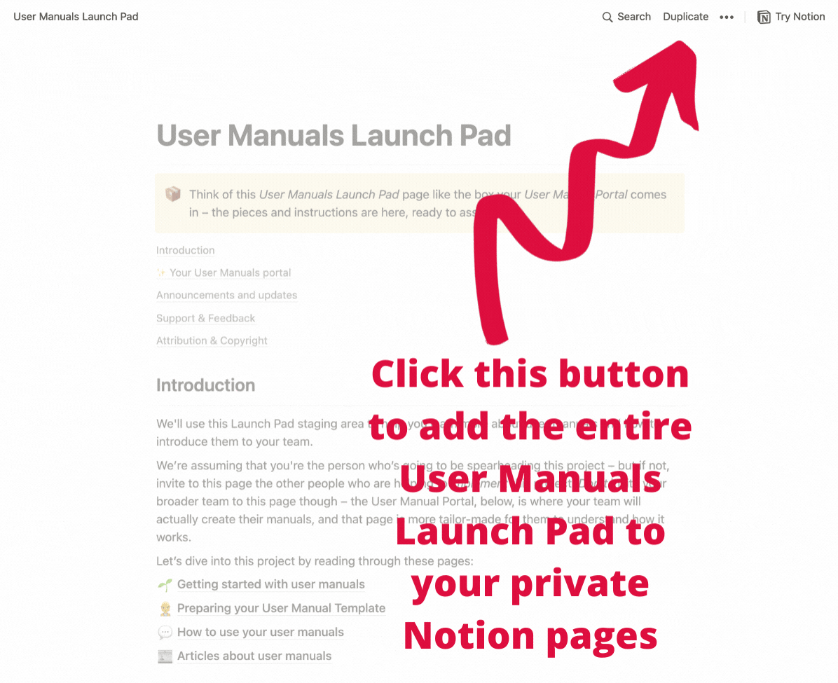 Animation showing the Duplicate button in Notion being used to copy the User Manuals Launch Pad into your own workspace
